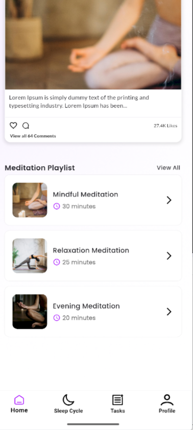 Screenshot of a meditation app with a photo of a person sitting cross-legged and meditating, top section. Text below describes meditation playlists including mindful, relaxation, and evening meditation, with durations of 30, 25, and 20 minutes respectively. Navigation bar at the bottom with icons for Home, Sleep Cycle, Tasks, and Profile.