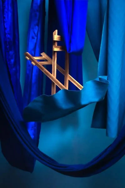 Blue curtains and floating table