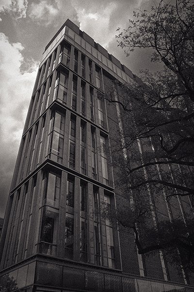 A tall modern building with glass windows, surrounded by trees, under a cloudy sky.