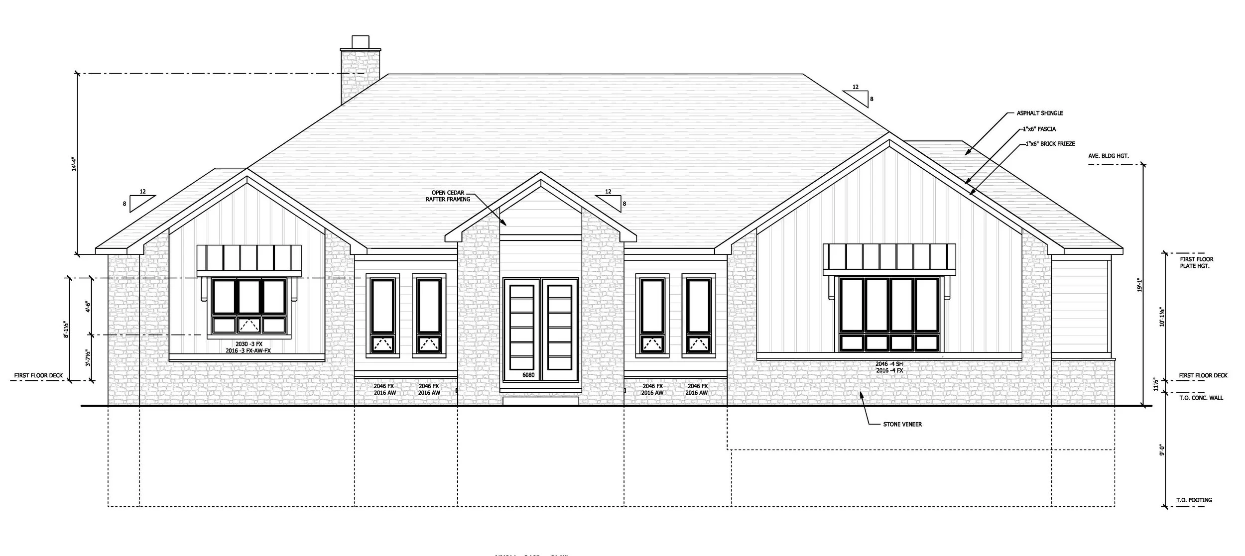 Architectural blueprint of a house front elevation with details of roof, windows, door, and measurements.