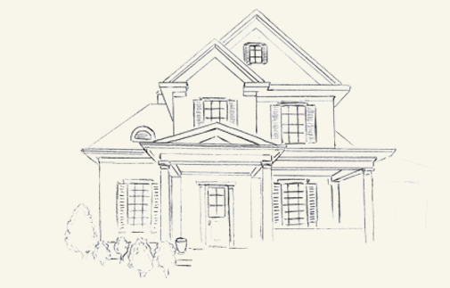 Line drawing of a two-story house with a porch and multiple windows.