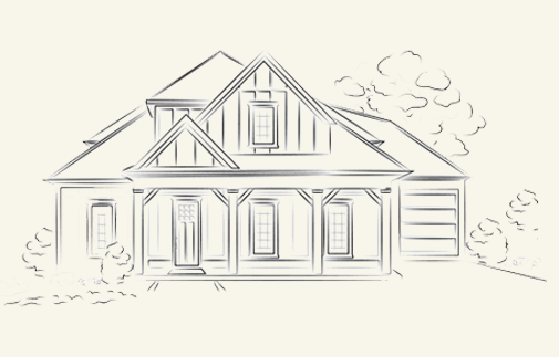 Line drawing of a house with a gabled roof, front porch, and trees in the background.