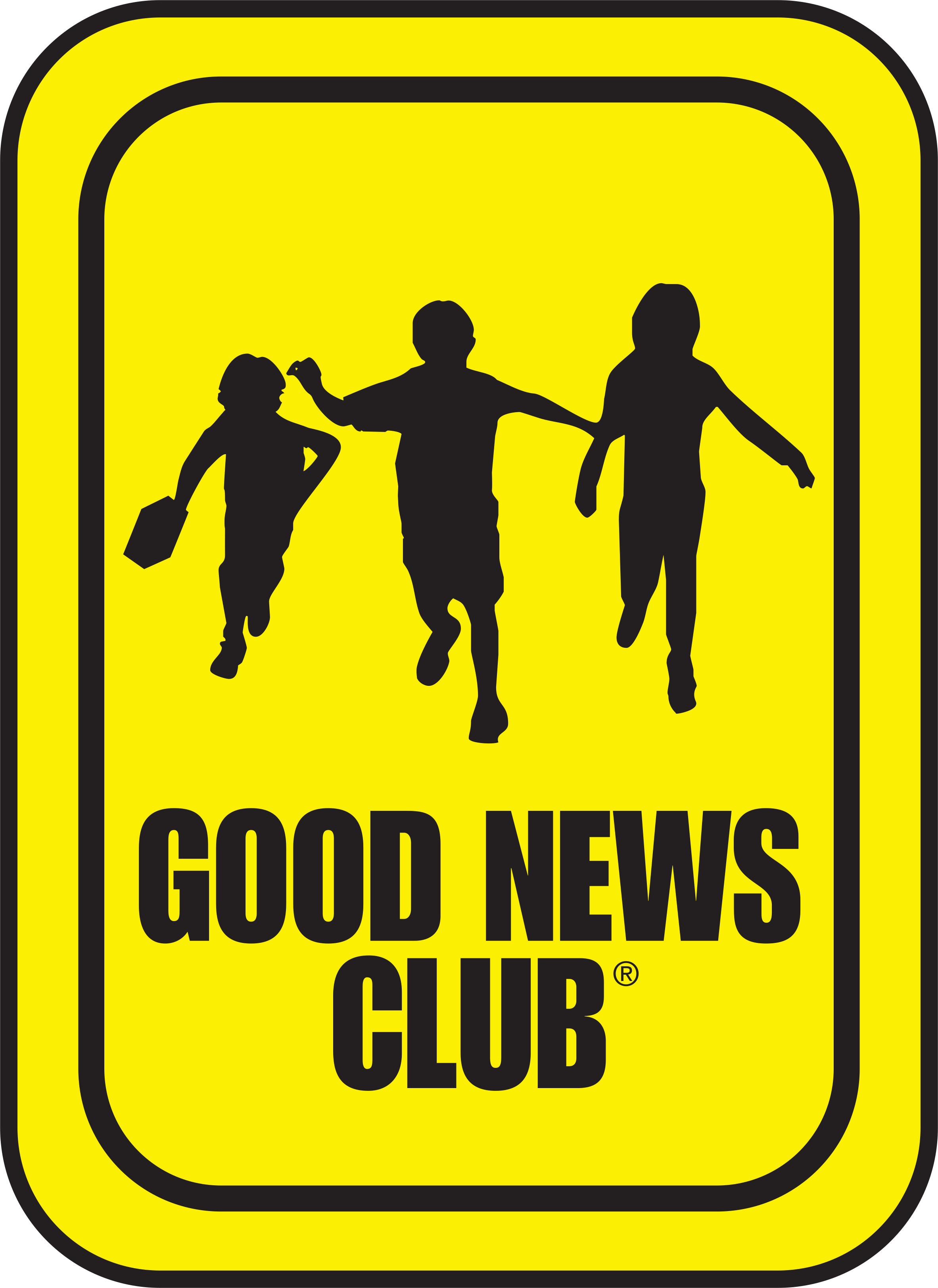 Silhouette of three children running, with the text 'Good News Club' on a yellow background, resembling a road sign.