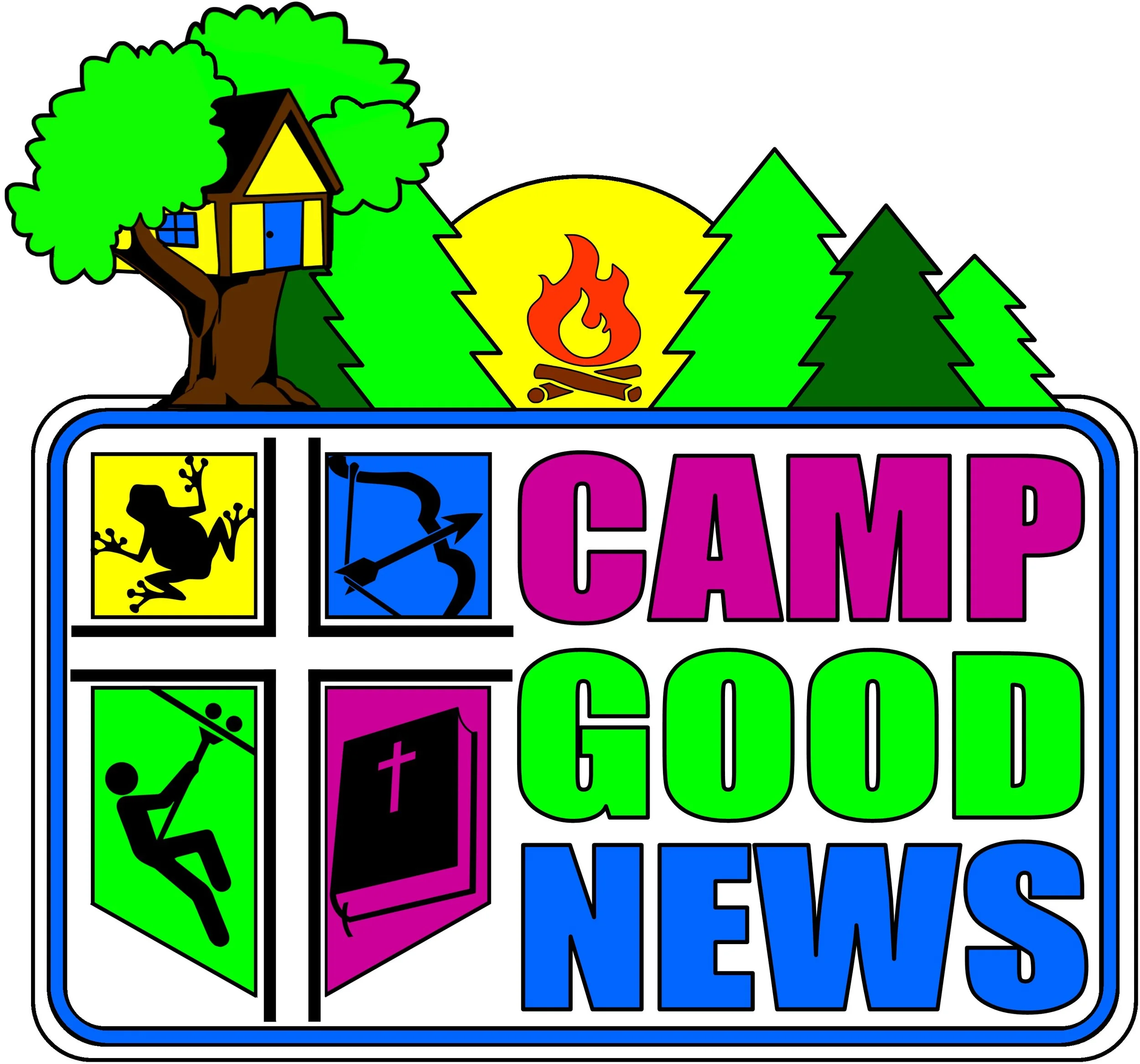 Colorful graphic depicting a camp scene with trees, a small house in a tree, and a campfire. Below, there are icons of a frog, bow and arrow, zip-lining, and a Bible, with the words "Camp Good News" in bold purple, green, and blue letters.