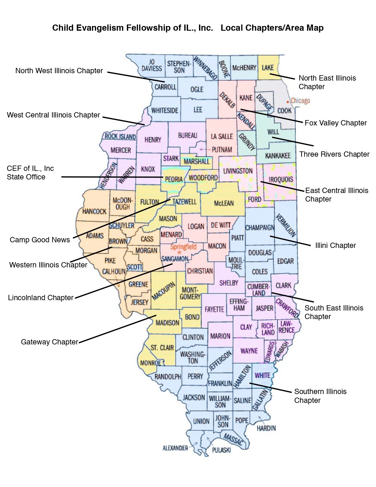 Map of Illinois showing Child Evangelism Fellowship of Illinois' local chapters with names and boundaries, including chapters like North West Illinois, West Central Illinois, Chicago, Springfield, and Southern Illinois.