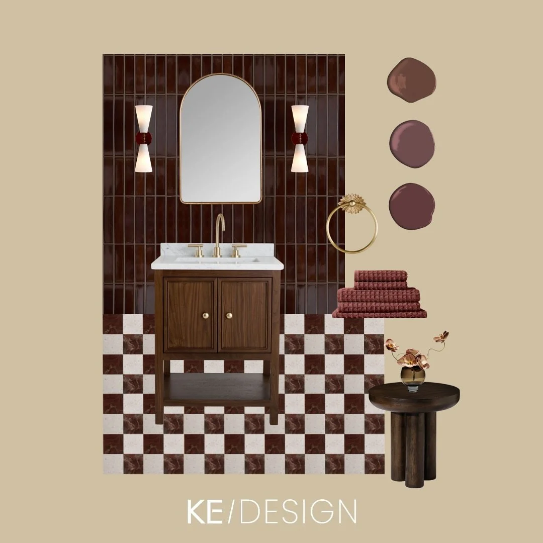 Moody maroon wall tile pairs with a bold checkered stone floor for a powder room concept that&rsquo;s all about style and detail✨

.
.
#powderroomdesign #moodyinteriors #bathroominspo #tileinspiration #stonetile #checkerboardfloor #interiortrends #ba