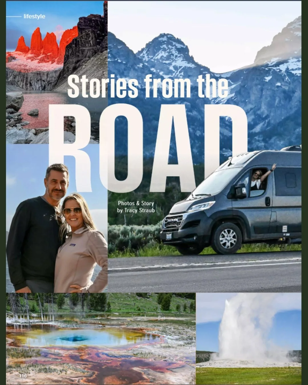 Book cover titled 'Stories from the Road' with photos of mountains, a couple smiling outdoors, a camper van on highway, geothermal hot springs, and a geyser erupting.