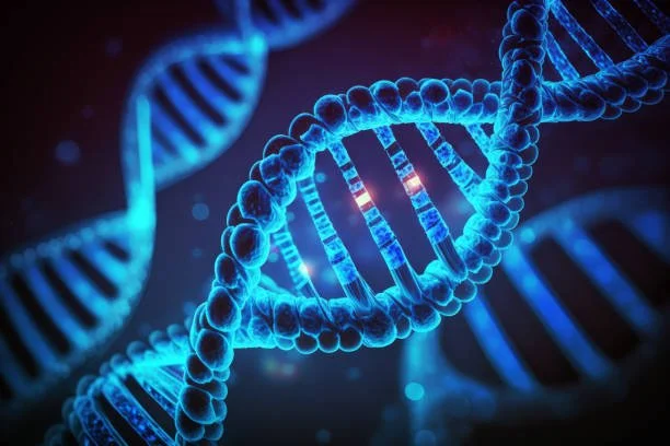 Illustration of a glowing blue DNA double helix structure against a dark background.