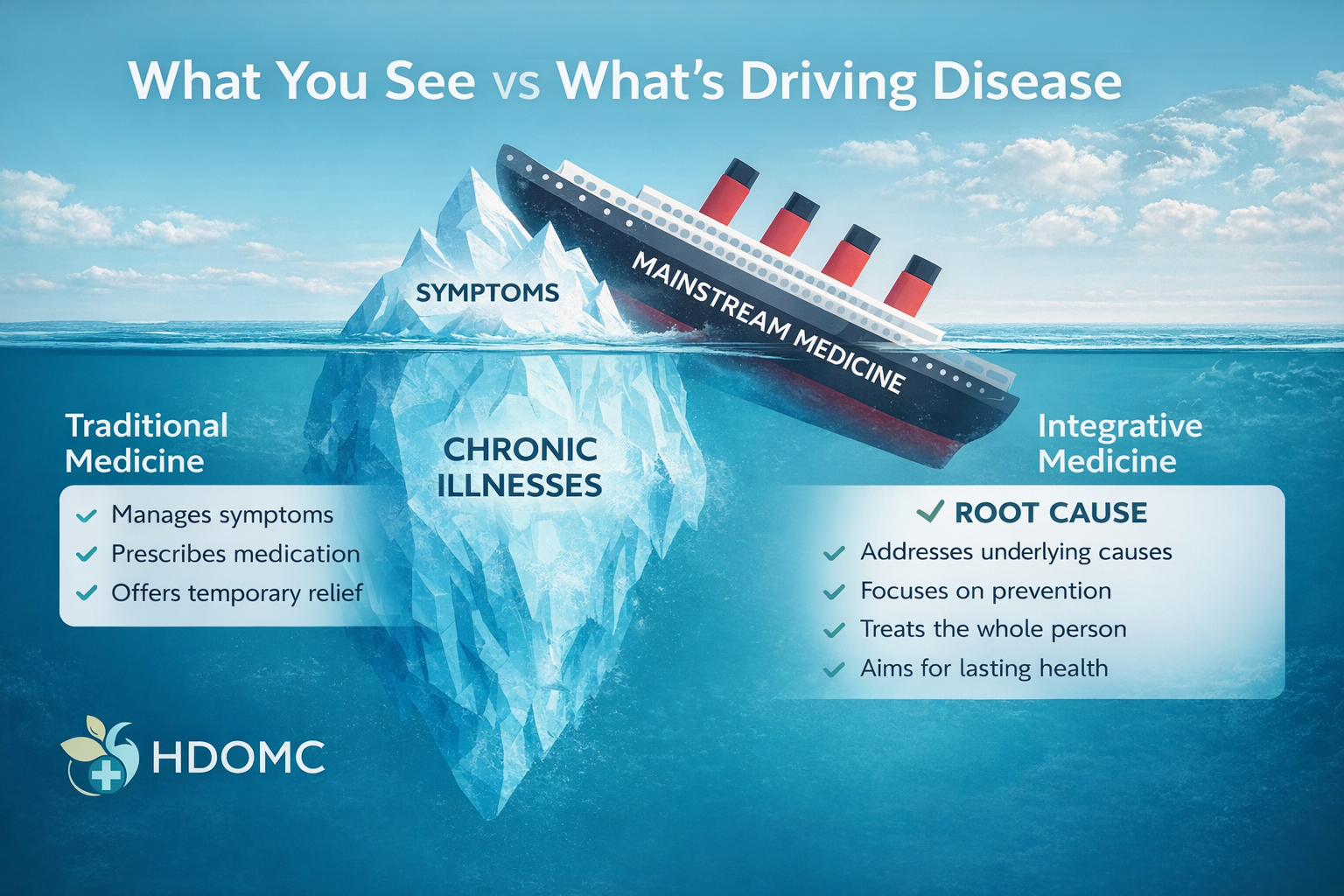 An infographic comparing traditional medicine and integrative medicine, with a sinking ship labeled 'Mainstream Medicine' and an iceberg labeled 'Symptoms' beneath the water. Traditional medicine manages symptoms with medications, while integrative medicine addresses root causes and focuses on prevention for lasting health.