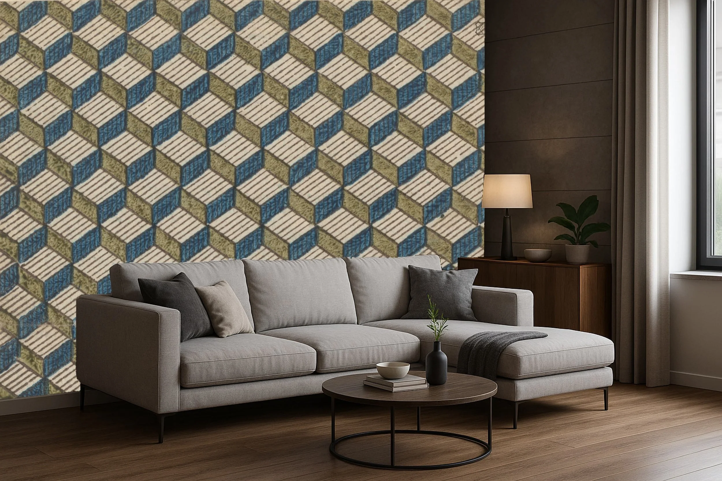 Living room with a light gray sofa, decorative pillows, a round coffee table with a small plant, a dark wood sideboard with a table lamp and a potted plant, large window with curtains, and a geometric patterned accent wall in shades of blue, green, and cream.