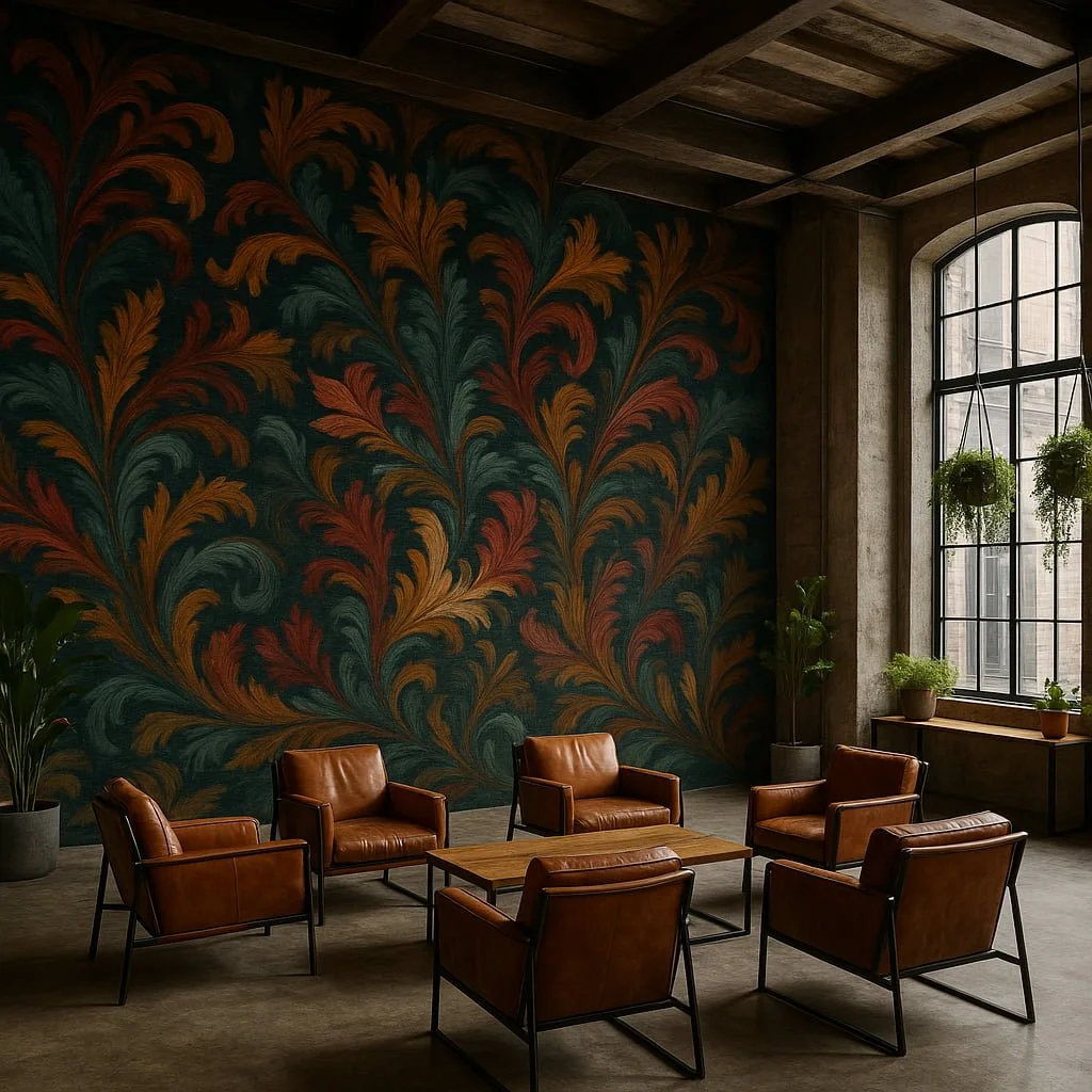 Sala acogedora con sillones de cuero marrón, mesa de madera y papel pintado mural de hojas en tonos oscuros y dorados