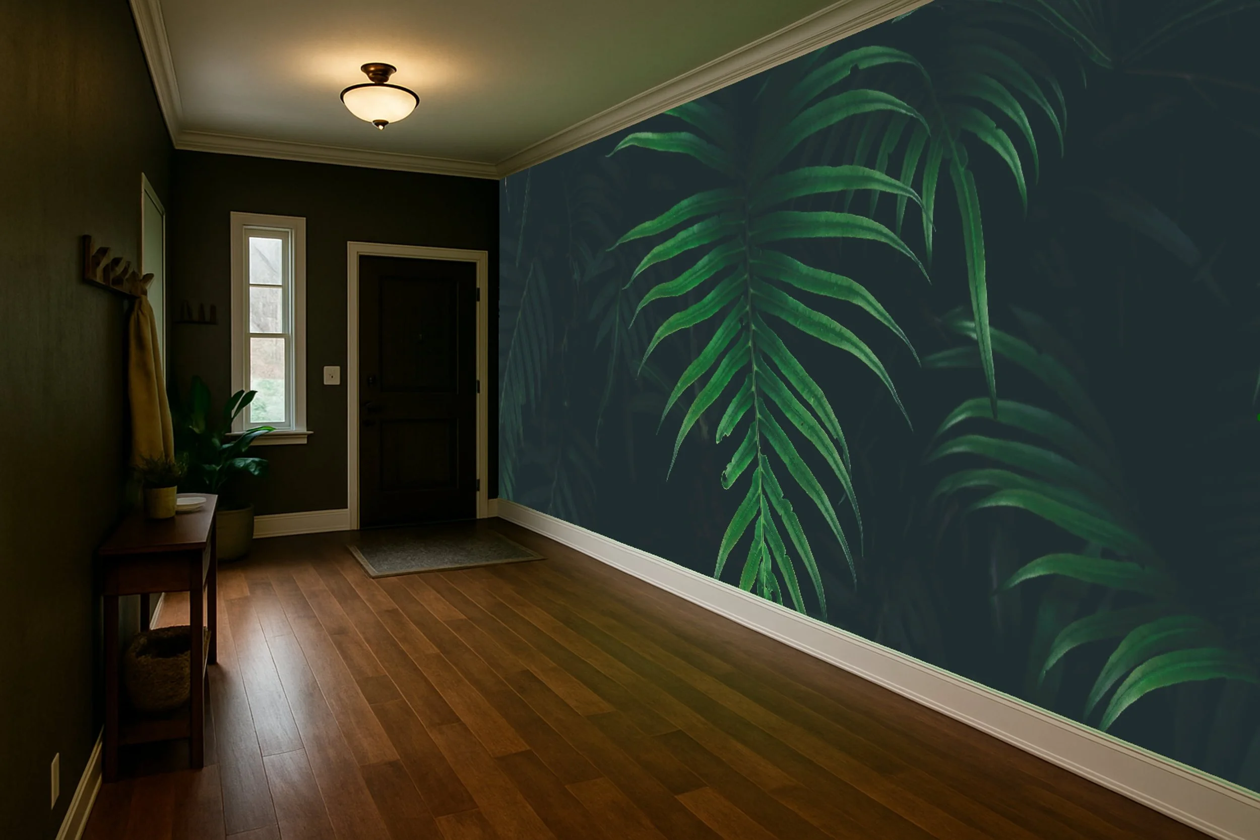 Botanical entryway wallpaper wall mural with leafy design behind bench – Pop Papel botanical seamless wallcovering for entrances