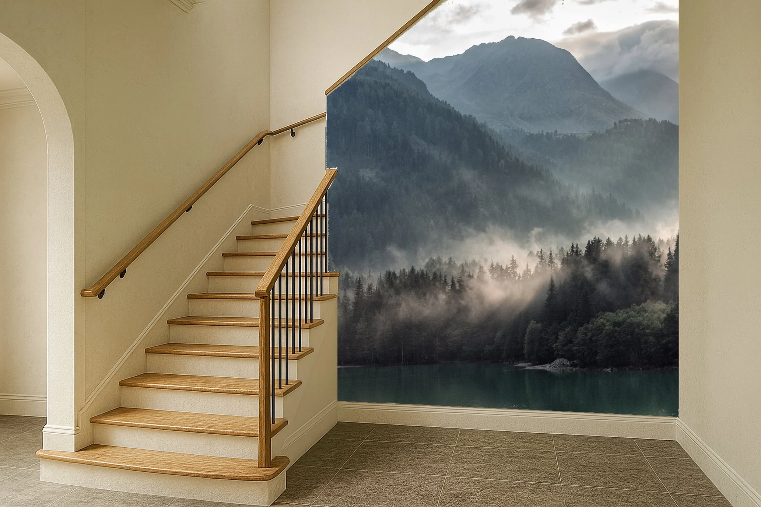 Interior of a house with staircase and a large wall mural of mountains, forest, and fog over a body of water