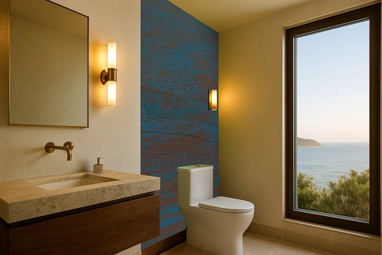 Textured blue half-bath wallpaper wall mural with layered artistic surface beside vanity and ocean-view window – Pop Papel textured seamless wallcovering for powder rooms