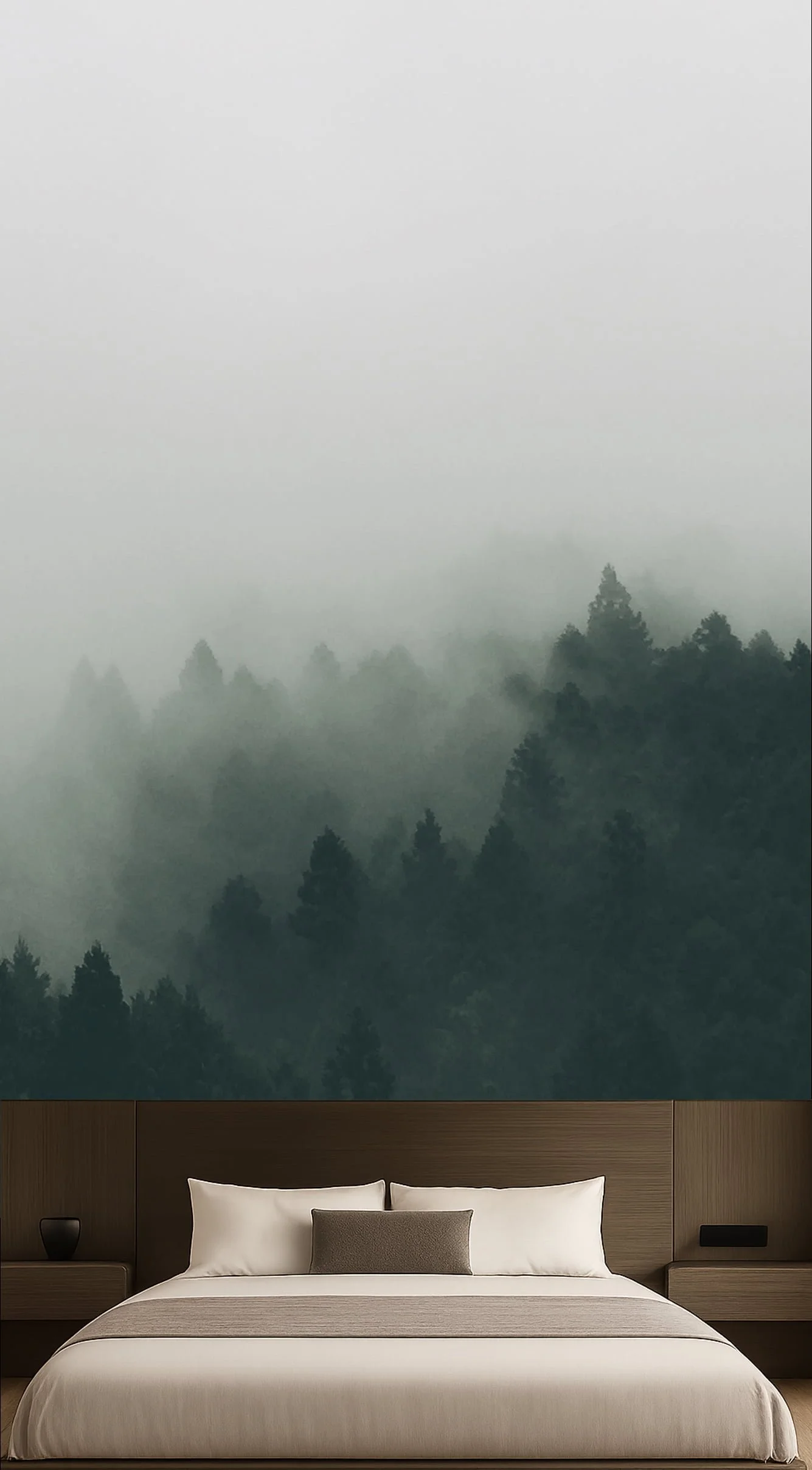 Misty green forest wall mural wallpaper behind bed in minimalist bedroom – Pop Papel nature landscape seamless wallcovering