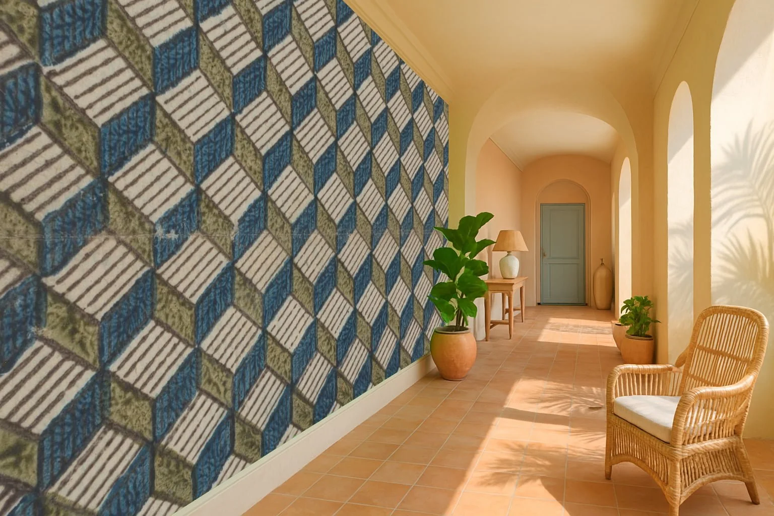 Geometric hallway wallpaper wall mural with rhythmic pattern guiding movement – Pop Papel geometric seamless wallcovering for hallways