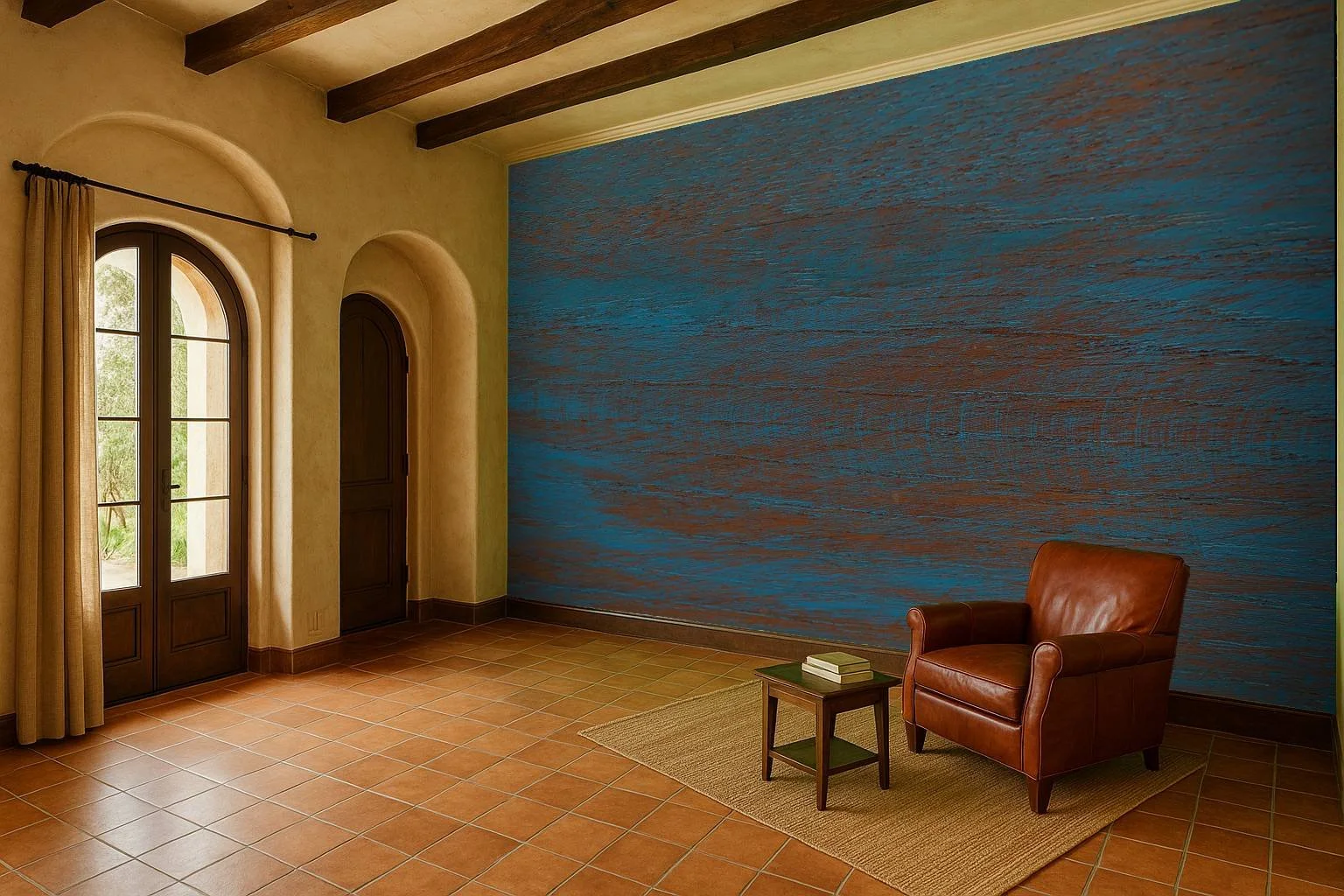 Textured blue wallpaper wall mural with artistic layered finish in arched entryway seating area – Pop Papel textured seamless wallcovering for entrances and living spaces
