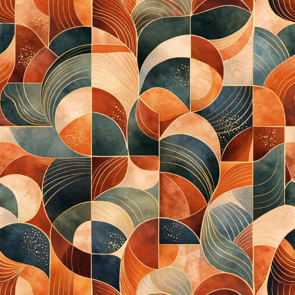 Abstract geometric artwork with flowing shapes and gold accents in warm earth tones such as orange, red, blue, and beige.