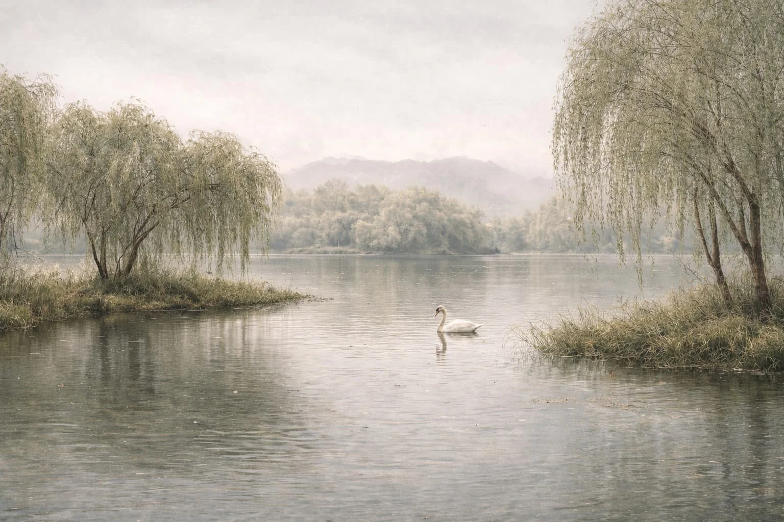 A serene landscape featuring a calm river with a swan swimming in the middle, surrounded by trees with drooping branches on both sides, and misty mountains in the background.