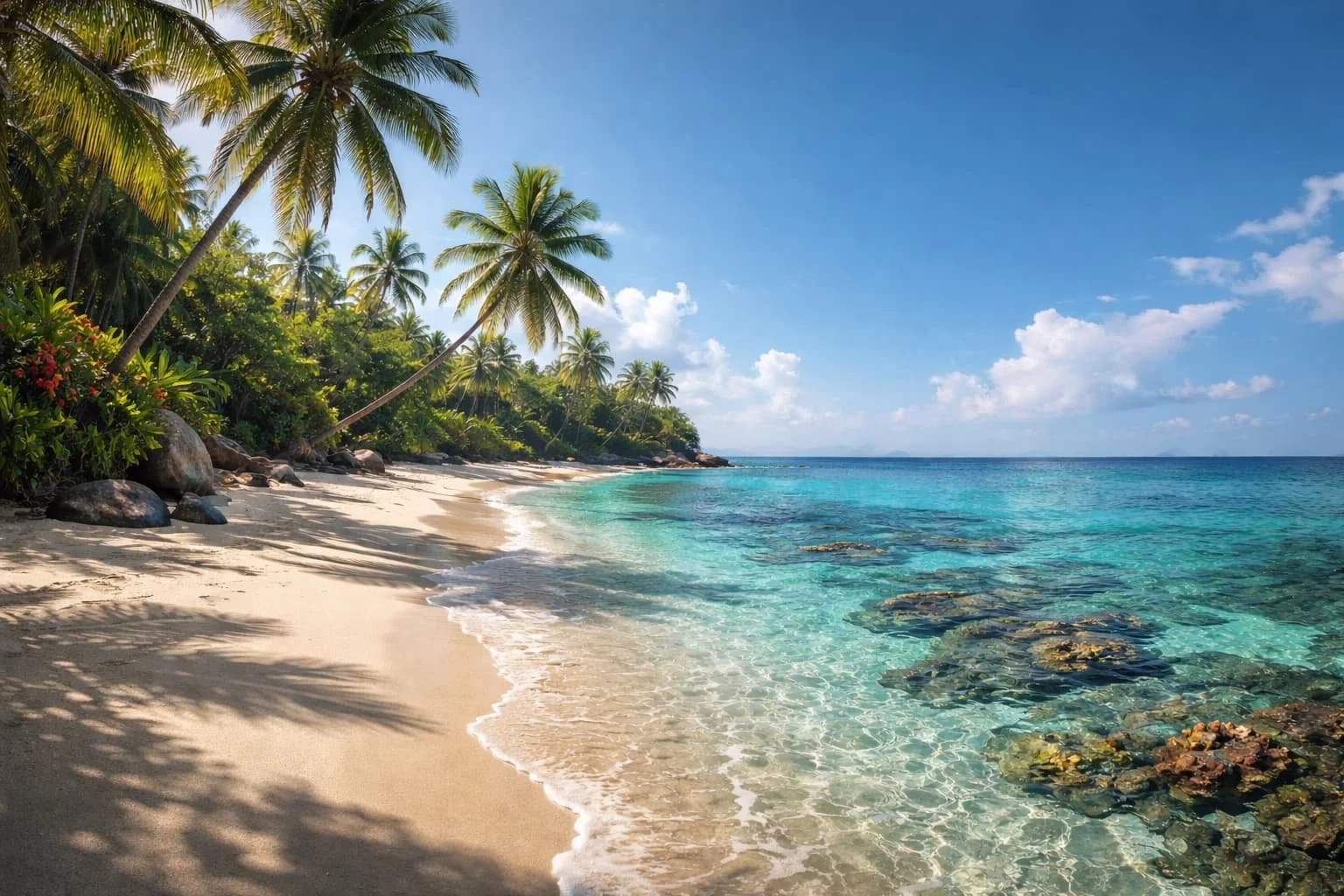 Tropical beach with white sand, clear blue water, palm trees, and a bright sky with some clouds.