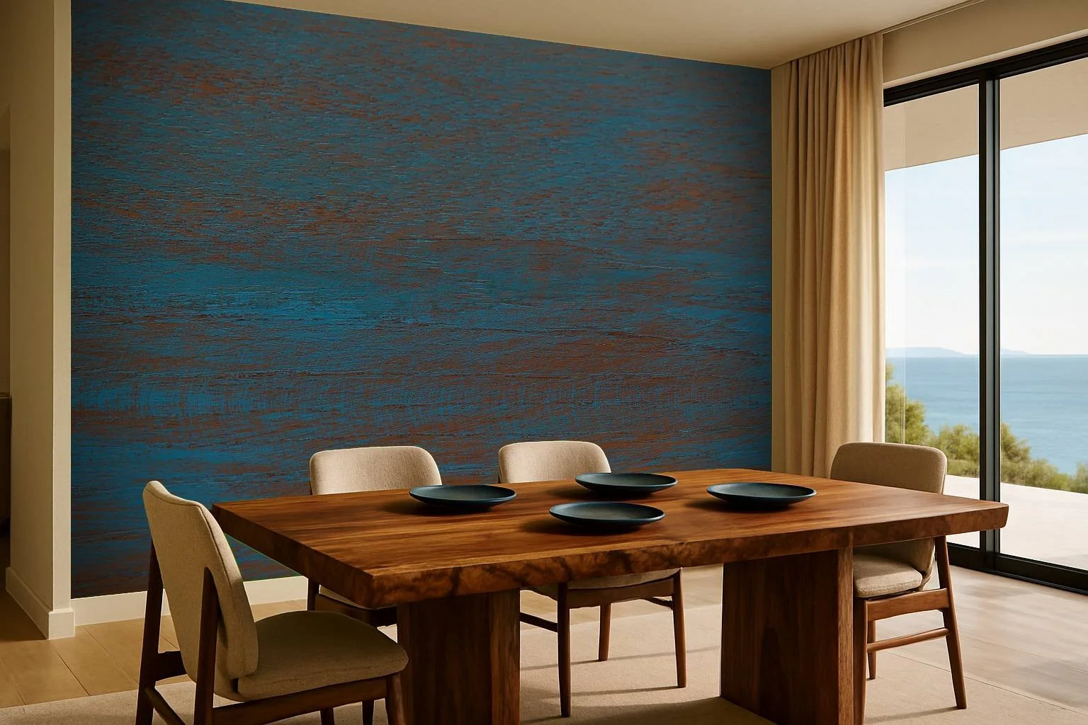 Textured blue dining room wallpaper wall mural with layered artistic surface behind dining table facing ocean – Pop Papel textured seamless wallcovering for dining rooms