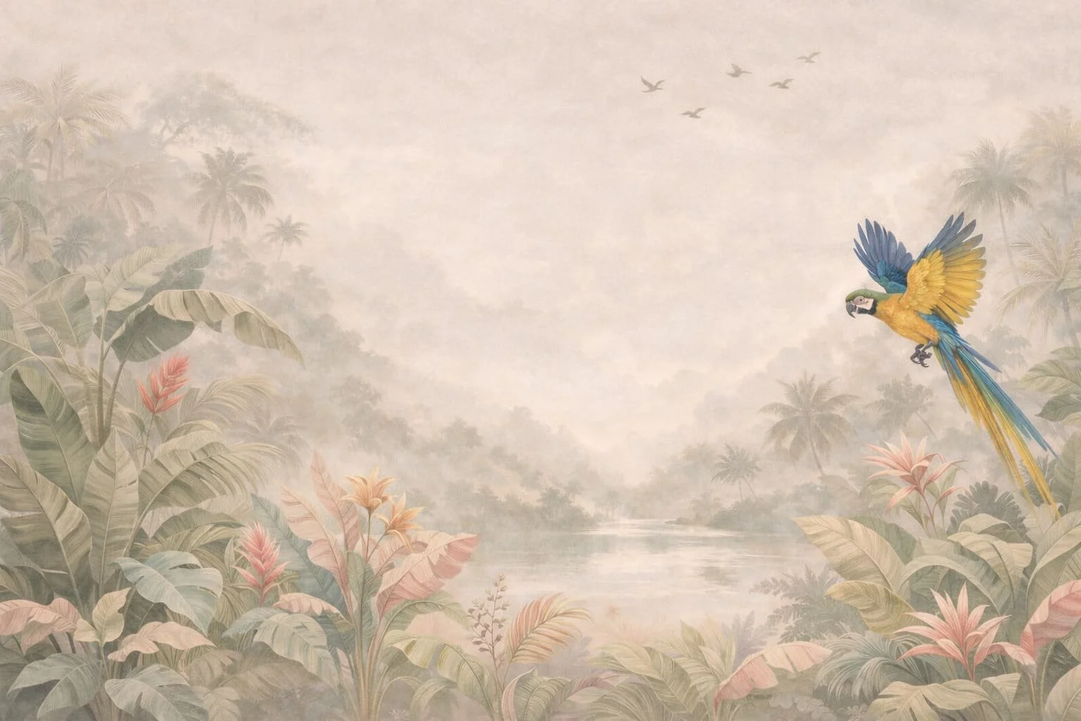 A tropical mural featuring lush green and pink leaves, a misty background with a river, and a colorful blue and yellow parrot flying from right to left.
