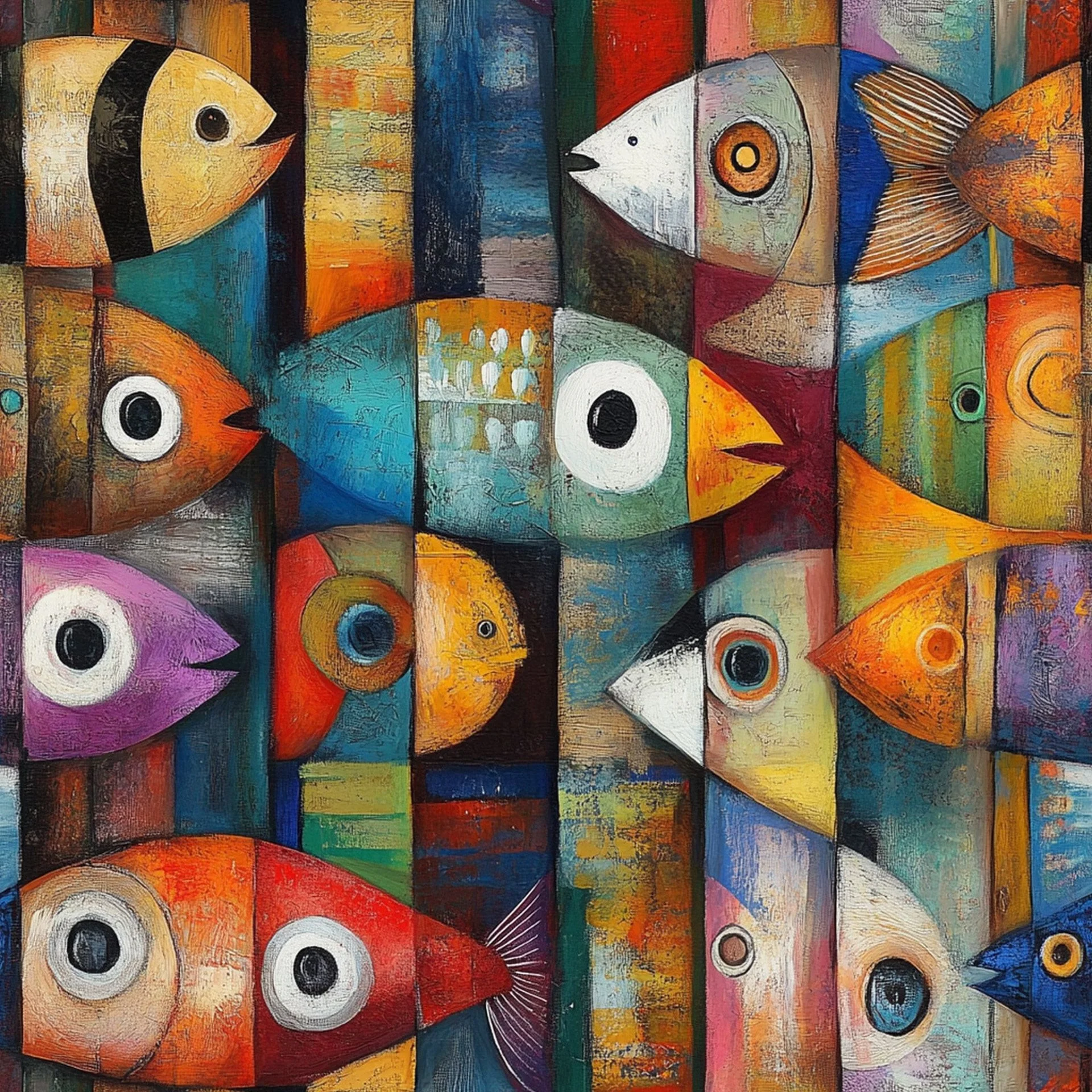 Colorful abstract painting of various fish with bold, vibrant colors and geometric shapes.