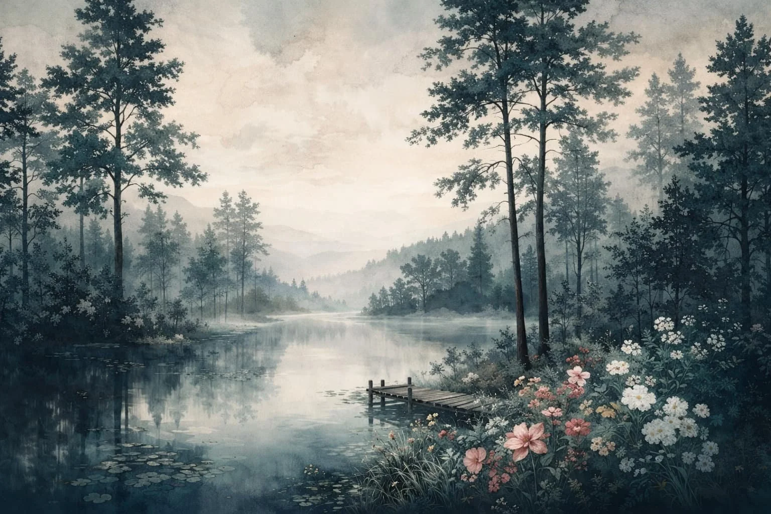 Calm river flowing through a misty forest with tall trees and blooming flowers on the riverbank.