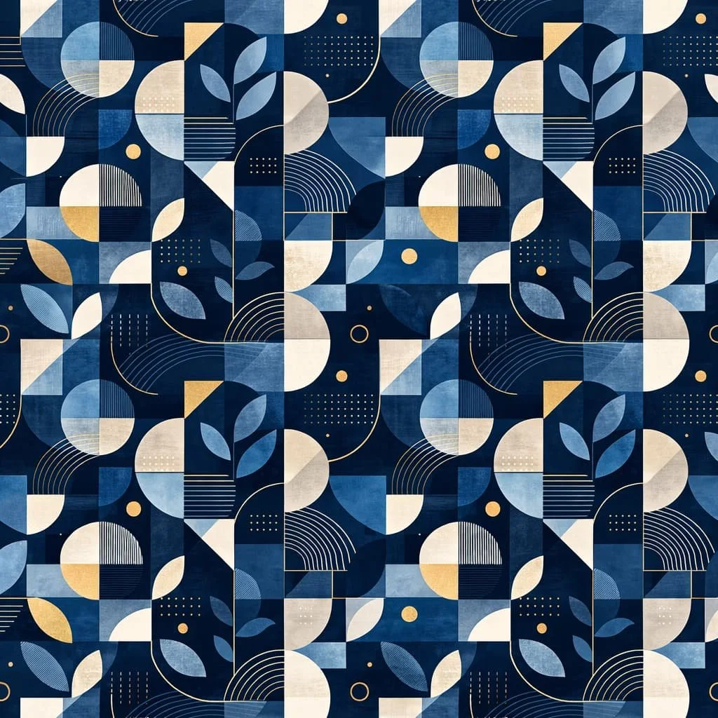 A modern geometric pattern featuring circles, triangles, and leaf shapes in shades of blue, white, and gold with dotted, striped, and curved line details.