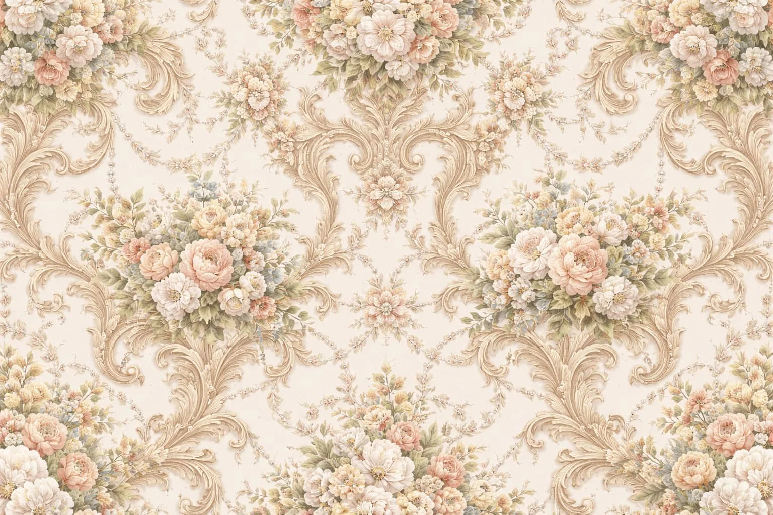 A floral pattern wallpaper with bouquets of pastel-colored flowers and ornate scrollwork.