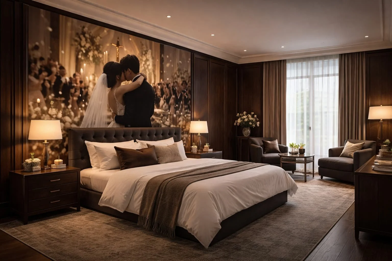 Luxury hotel room with a large bed, dark wood furniture, and a wall mural of a wedding couple kissing.