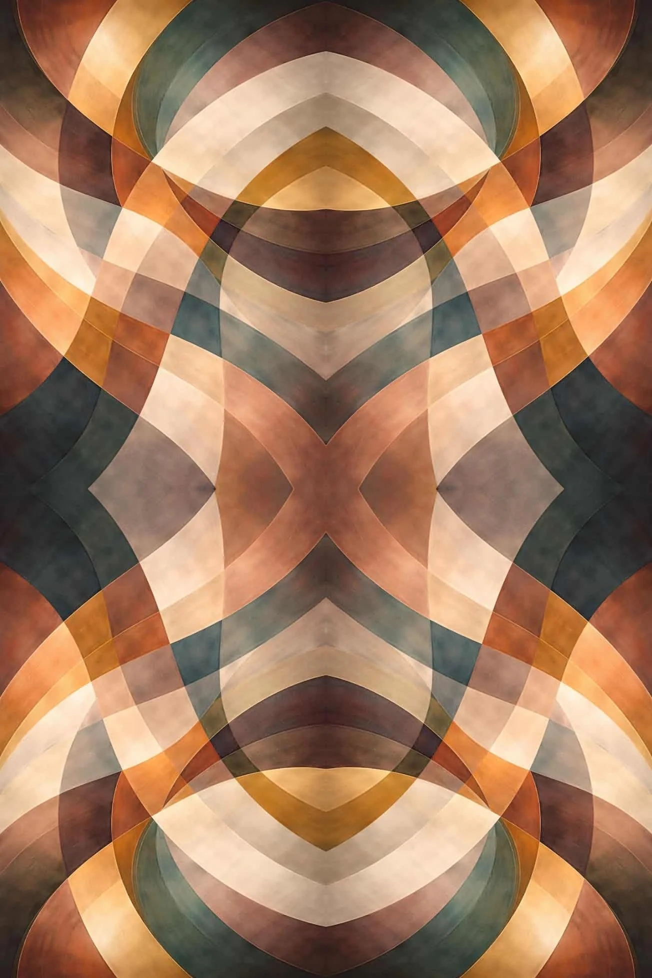 Abstract geometric pattern with overlapping curved shapes in earthy tones of beige, brown, ochre, blue, and green.