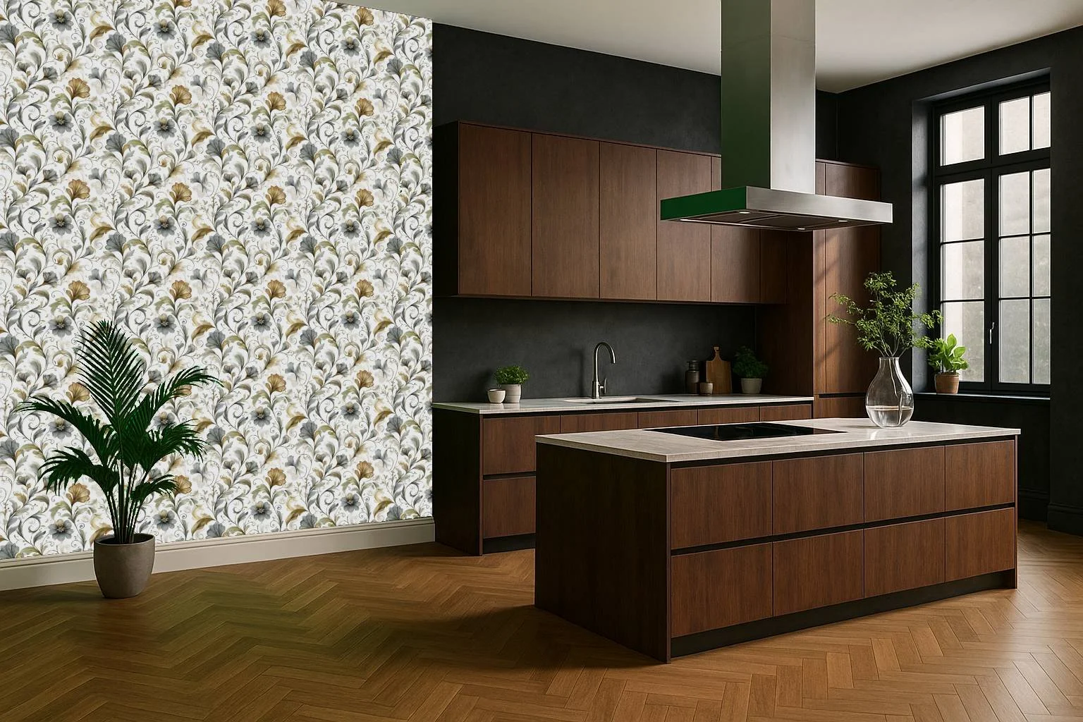 Classic floral kitchen wallpaper wall mural with blue and cream pattern behind modern wooden cabinets – Pop Papel classic seamless wallcovering for kitchens