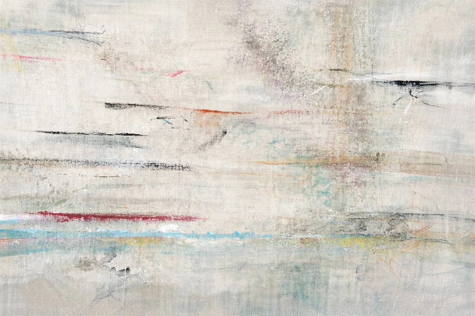 Abstract textured painting with light neutral background and subtle streaks of color including black, red, blue, and yellow.