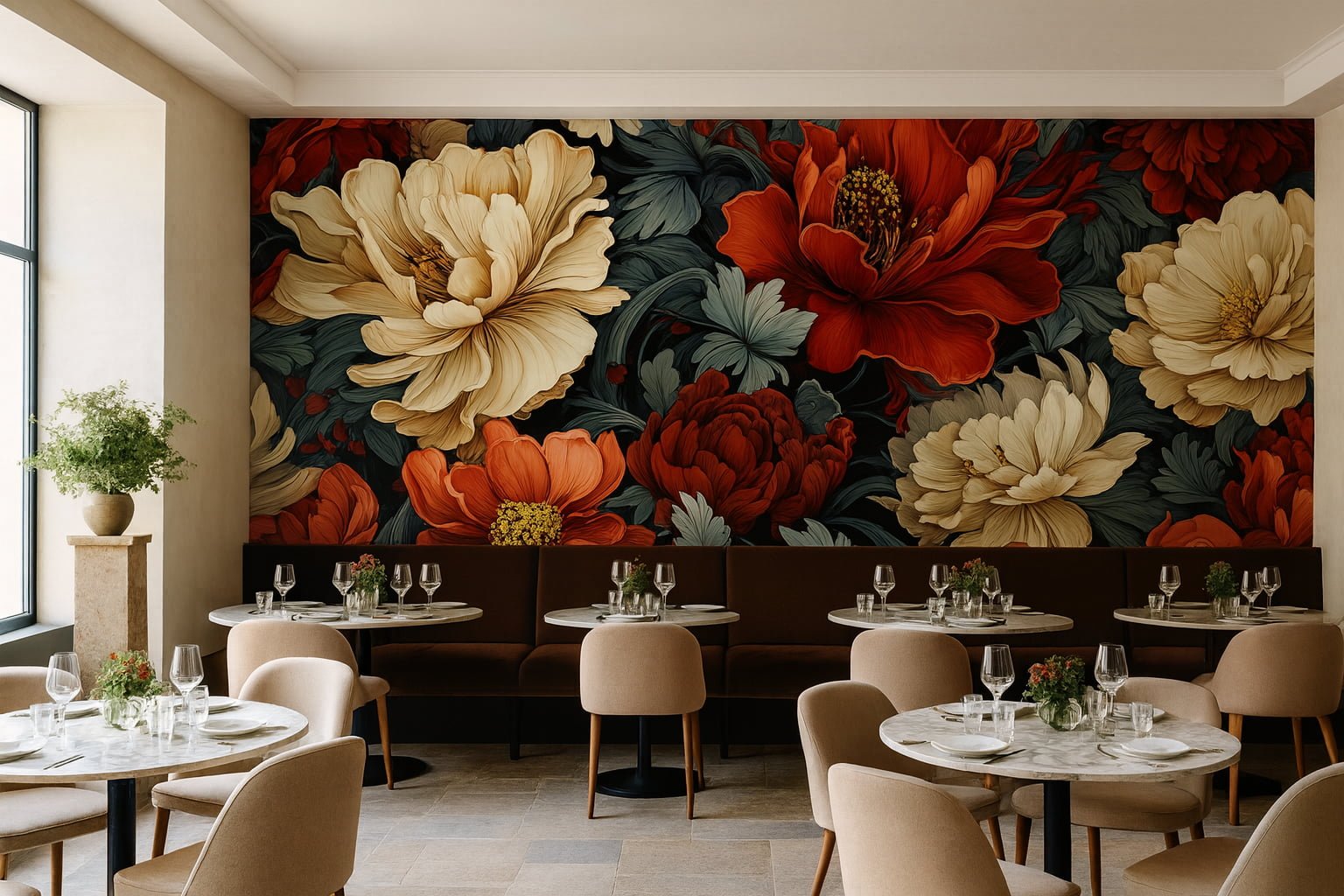 Papel pintado mural floral llamativo con flores de gran formato en tonos rojos y crema detrás de mesas de comedor, diseño botánico sin juntas Pop Papel para restaurantes