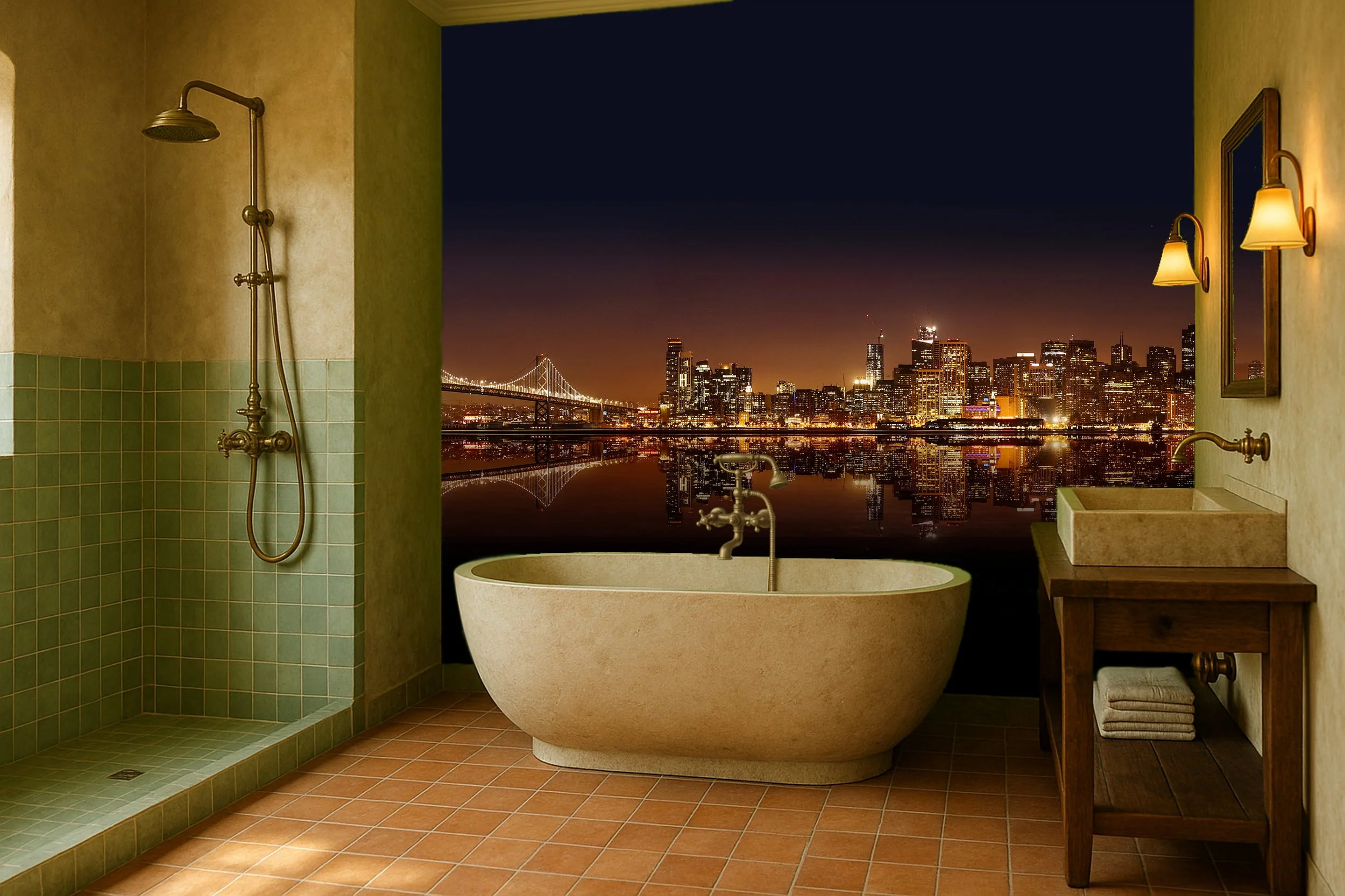 Panoramic bathroom wallpaper wall mural with open landscape beside tub – Pop Papel panoramic seamless wallcovering for bathrooms