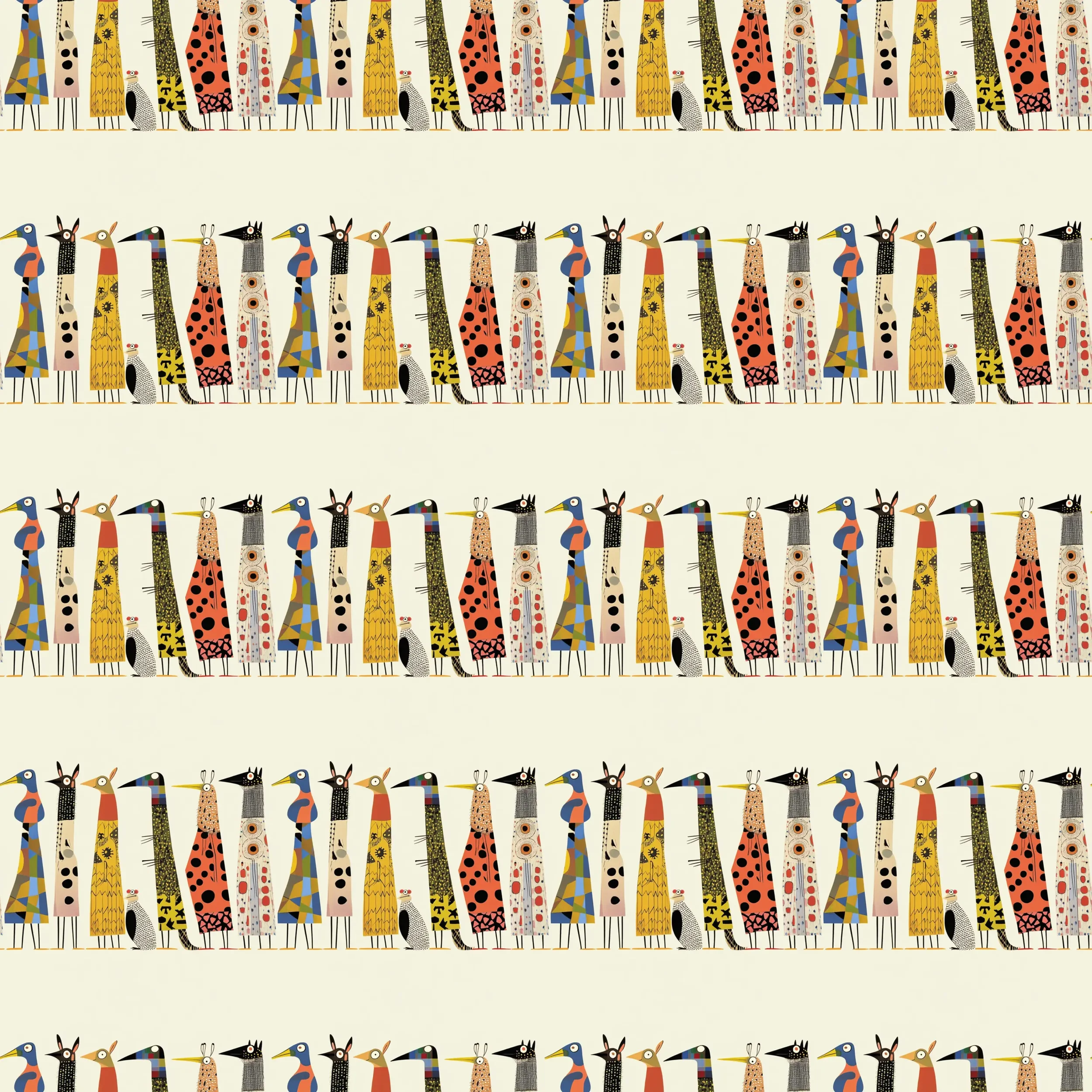 Repeating pattern of whimsical, stylized animals and tall figures with geometric and patterned clothing, arranged in horizontal rows on a light background.