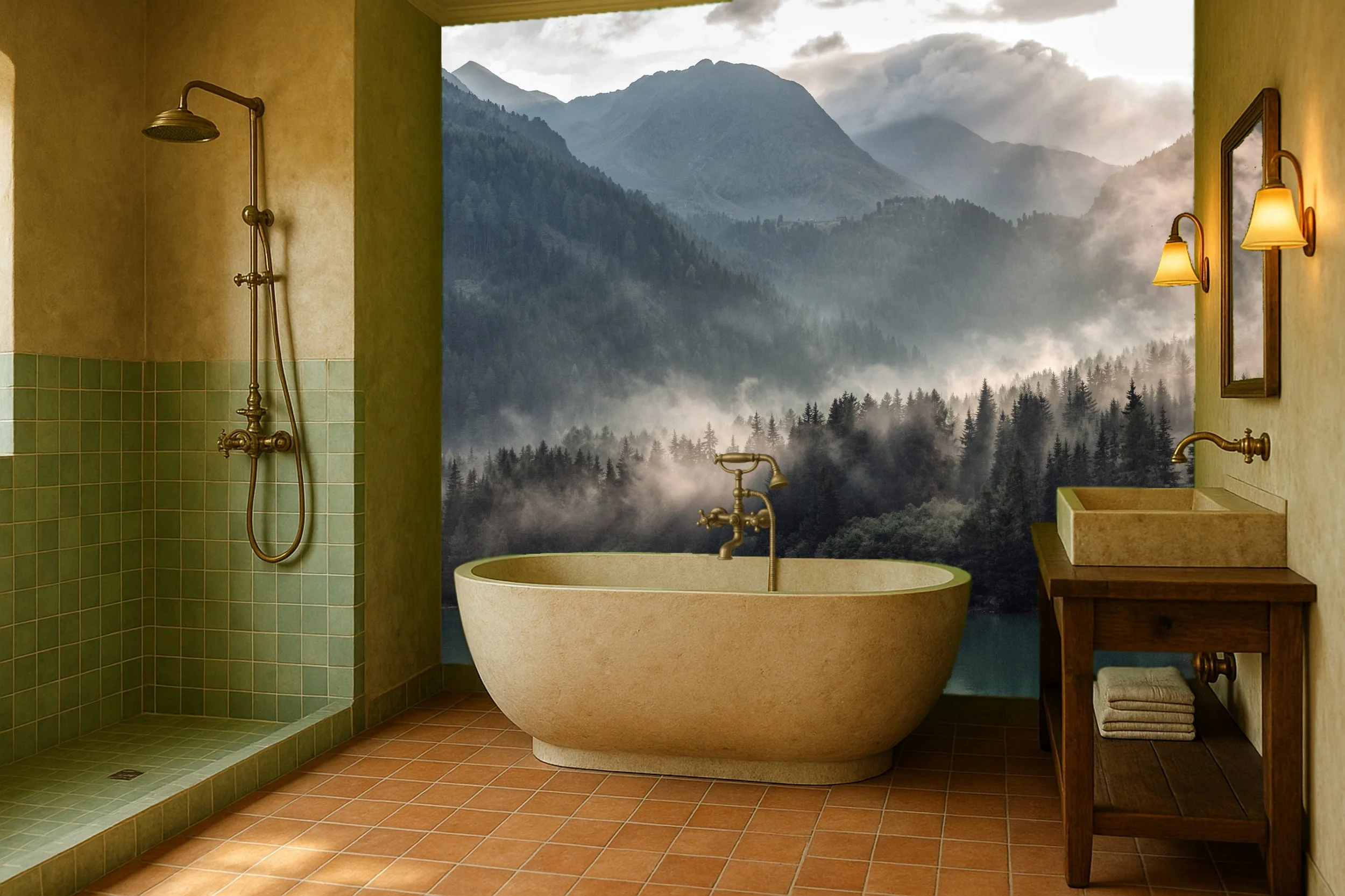 Nature landscape bathroom wallpaper wall mural with distant hills or forest – Pop Papel nature seamless wallcovering for bathrooms