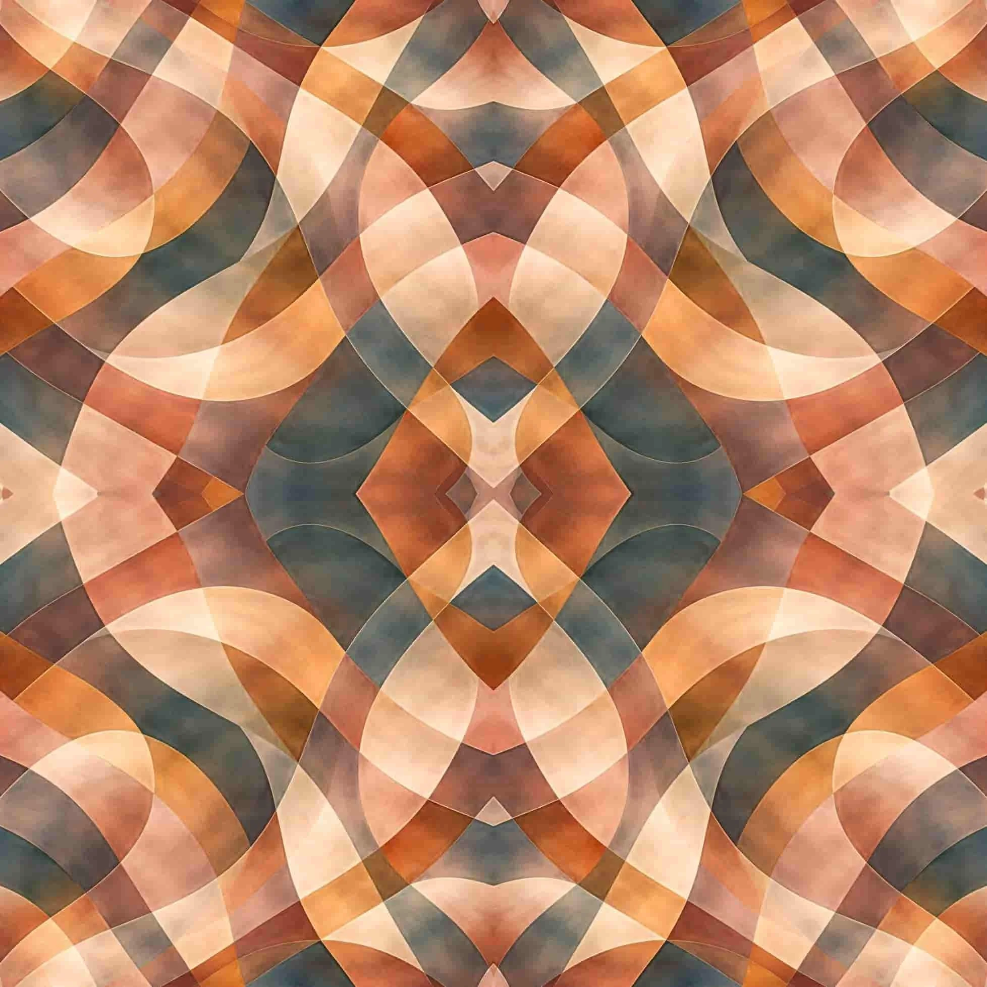 A symmetrical geometric pattern with overlapping semi-transparent shapes in shades of orange, brown, beige, and dark gray, creating an intricate abstract design.