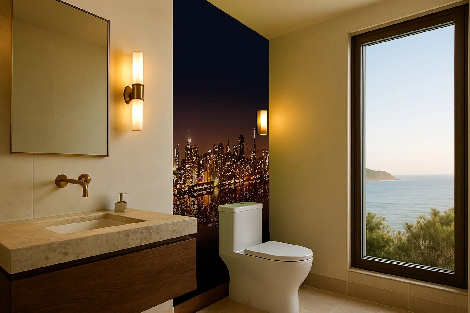 Modern bathroom with a city skyline mural, a bathroom sink with a wooden cabinet, a toilet, and a large window showing a coastal landscape.