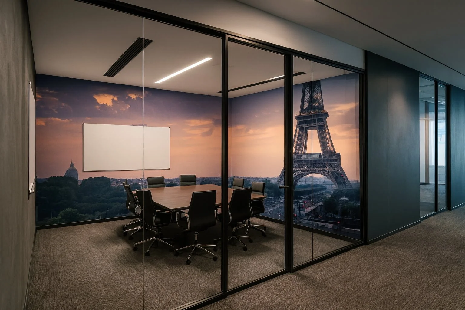 Modern conference room with a large mural of the Eiffel Tower and Paris skyline at sunset on the back wall, a rectangular table, and six black office chairs.