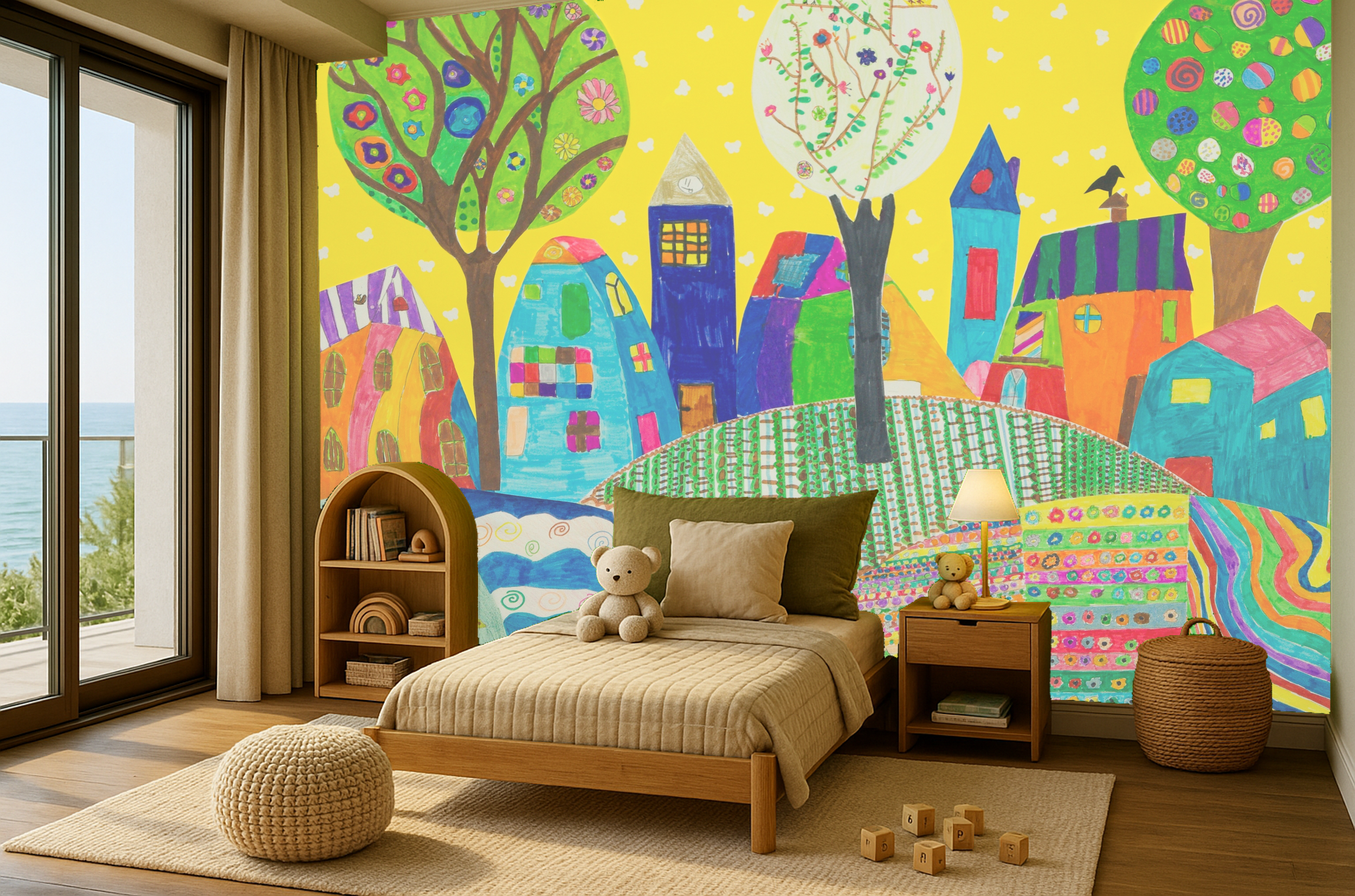 Child's bedroom with a mural of colorful houses, trees, and sky painted on the wall. The room has a bed with stuffed animals, a nightstand with a lamp, a small bookshelf, and a window showing an outdoor view of the ocean and trees.