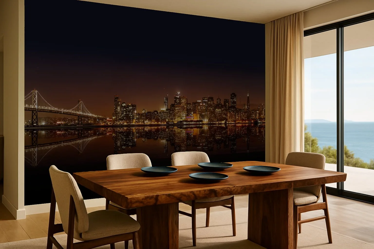 Panoramic dining room wallpaper wall mural with city or coastal view beyond table – Pop Papel panoramic seamless wallcovering for dining rooms