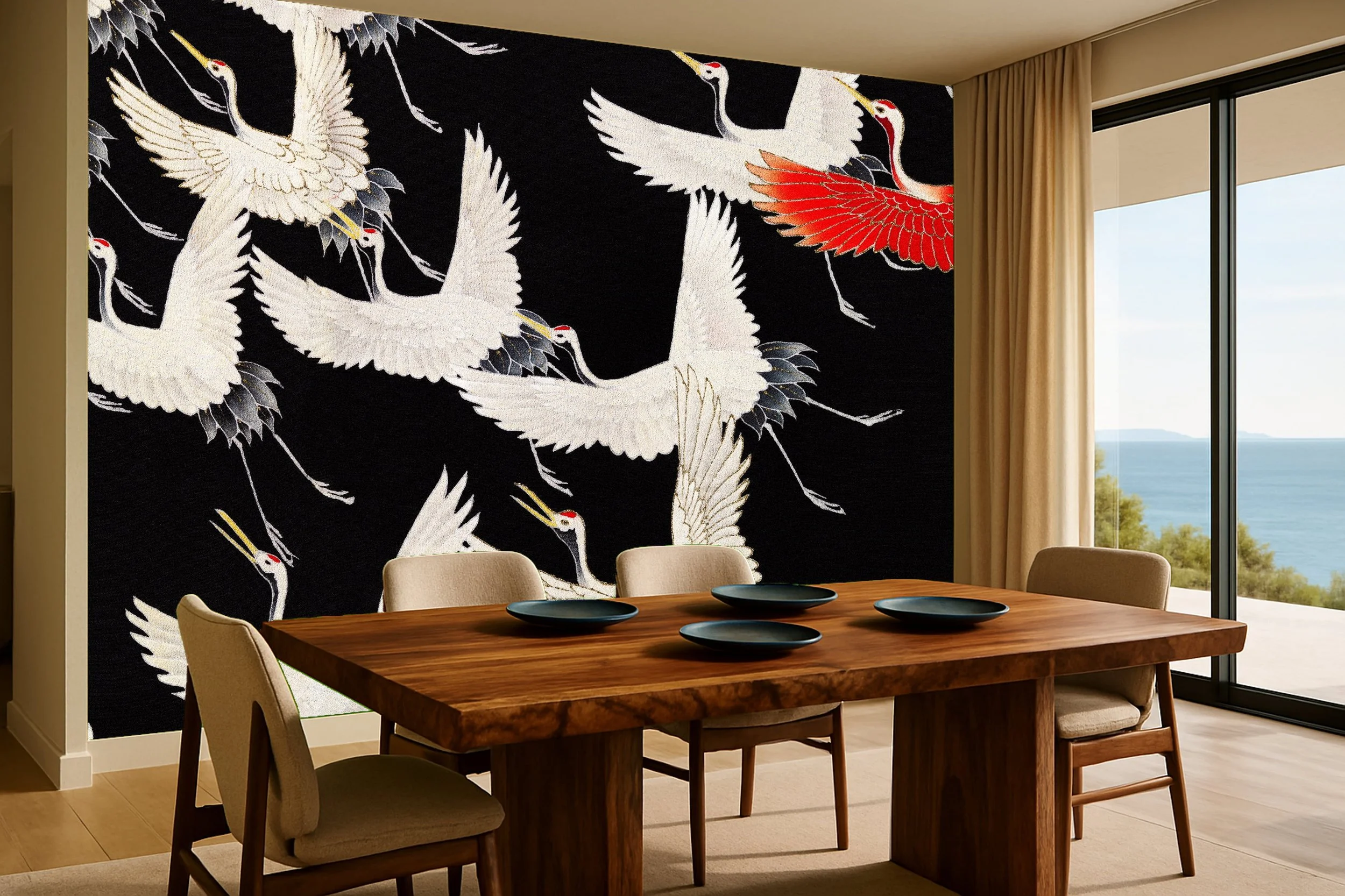 Vintage dining room wallpaper wall mural with classic cranes or florals – Pop Papel vintage seamless wallcovering for dining rooms