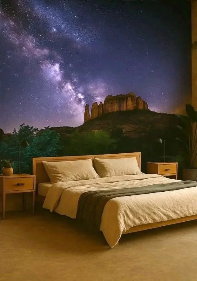 Bedroom with a bed, nightstand, and a mural of the Milky Way galaxy and a mountain scene on the wall behind the bed.