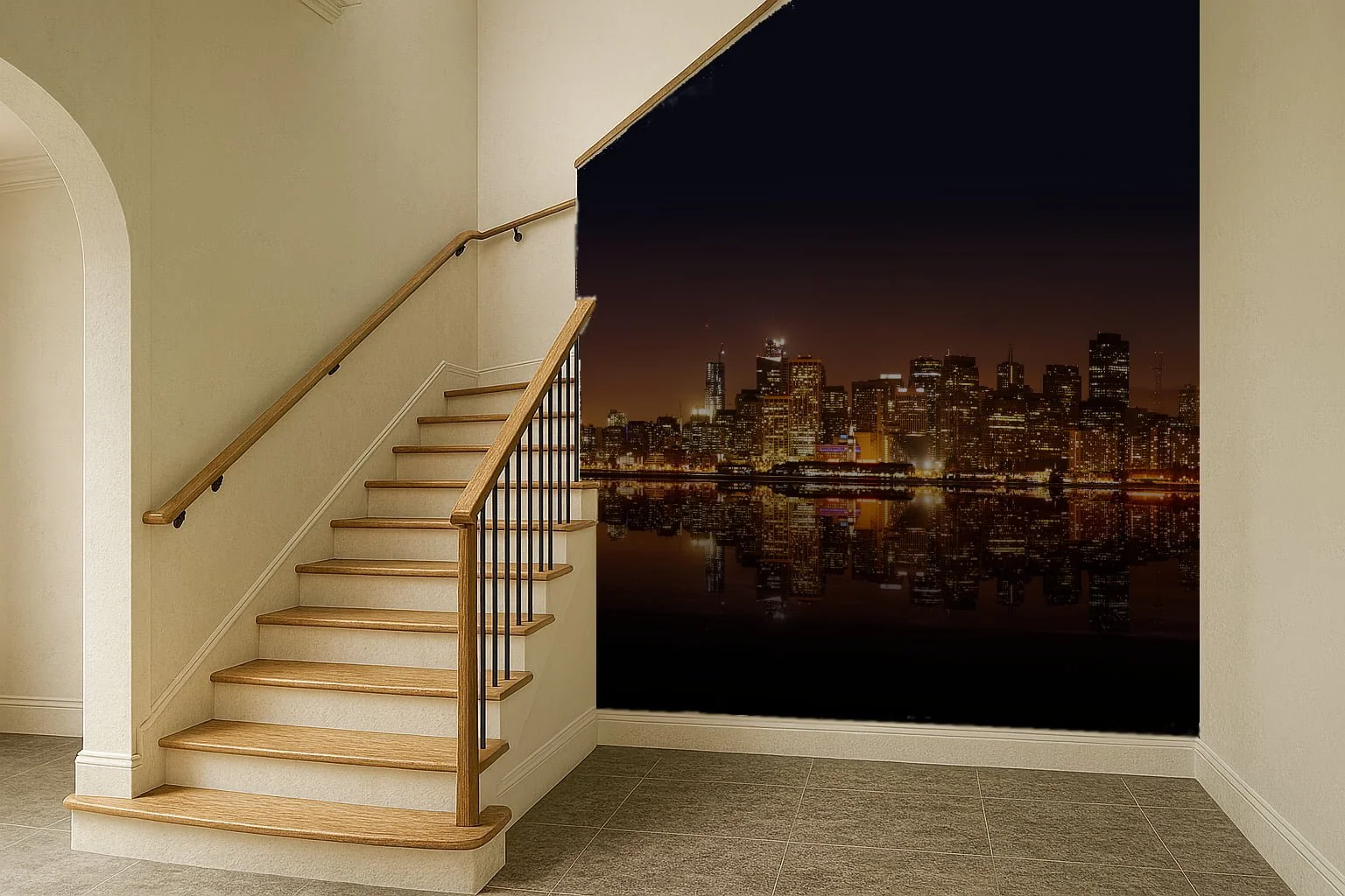 Interior view of a staircase in a beige room with a cityscape mural on the wall, depicting a skyline with lit buildings at night, reflected on water.