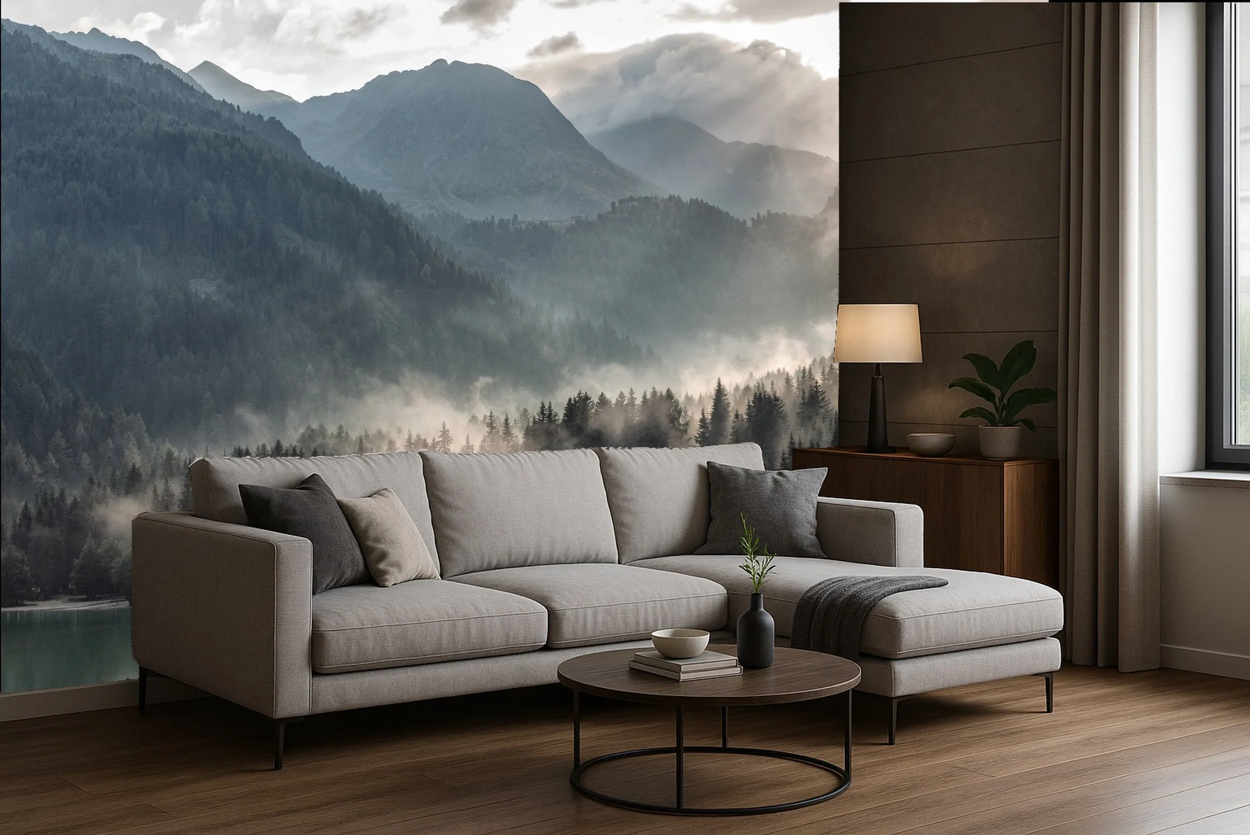 Living room with a mountain landscape mural wall, modern beige sofa with dark and light throw pillows, wooden coffee table with a small plant, lamp, and decor on a side table near a window with curtains.