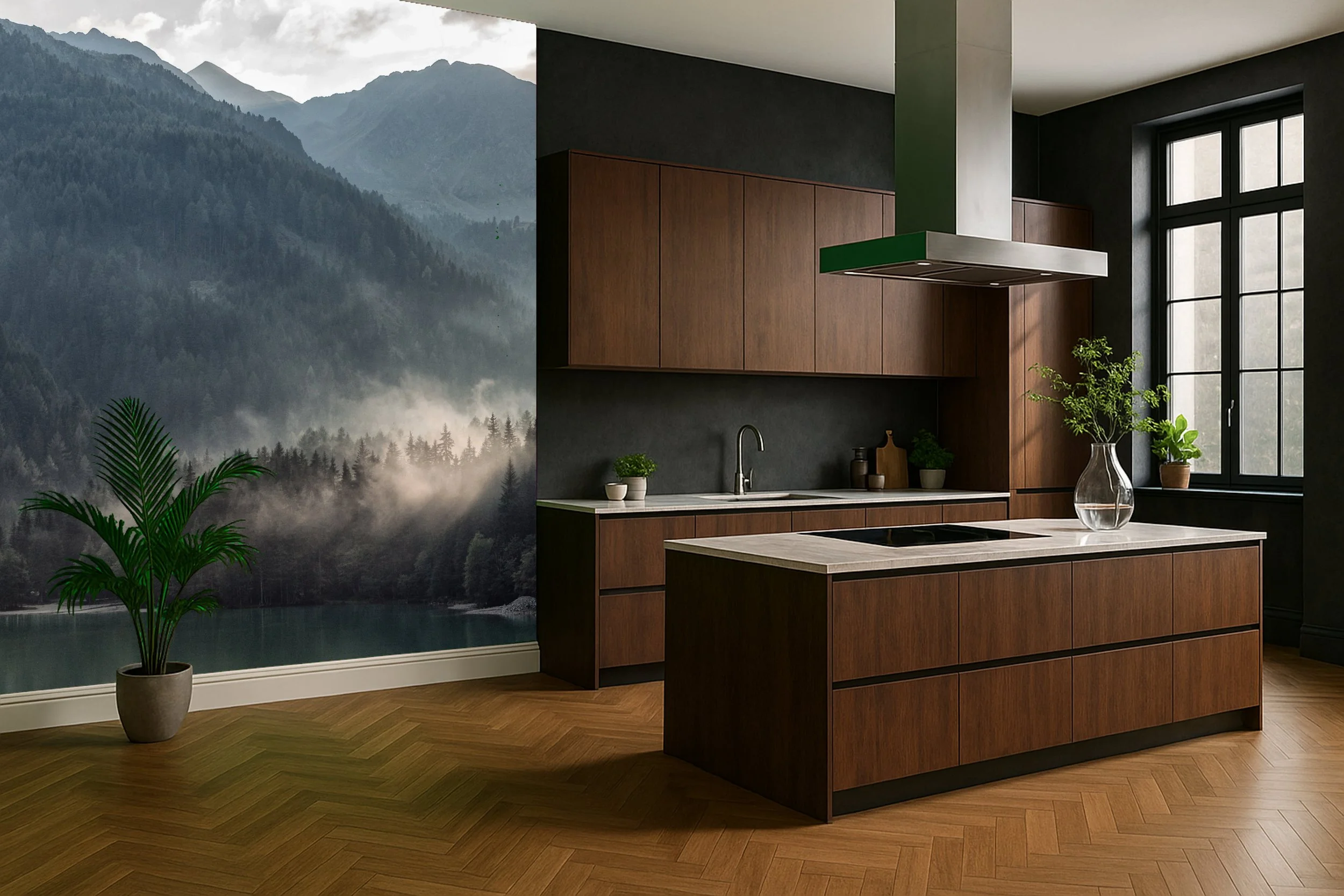 Nature landscape kitchen wallpaper wall mural with mountains or forests beyond counter – Pop Papel nature seamless wallcovering for kitchens