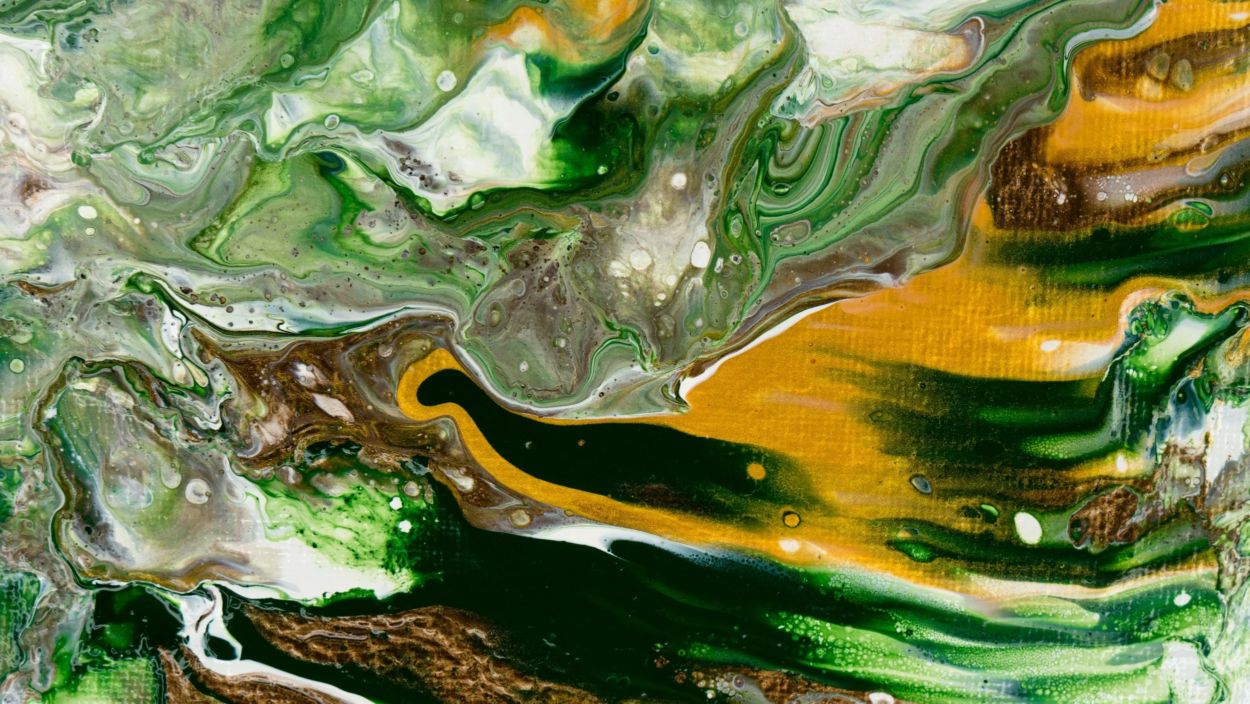 Abstract painting with swirling patterns in green, white, brown, yellow, and black colors.