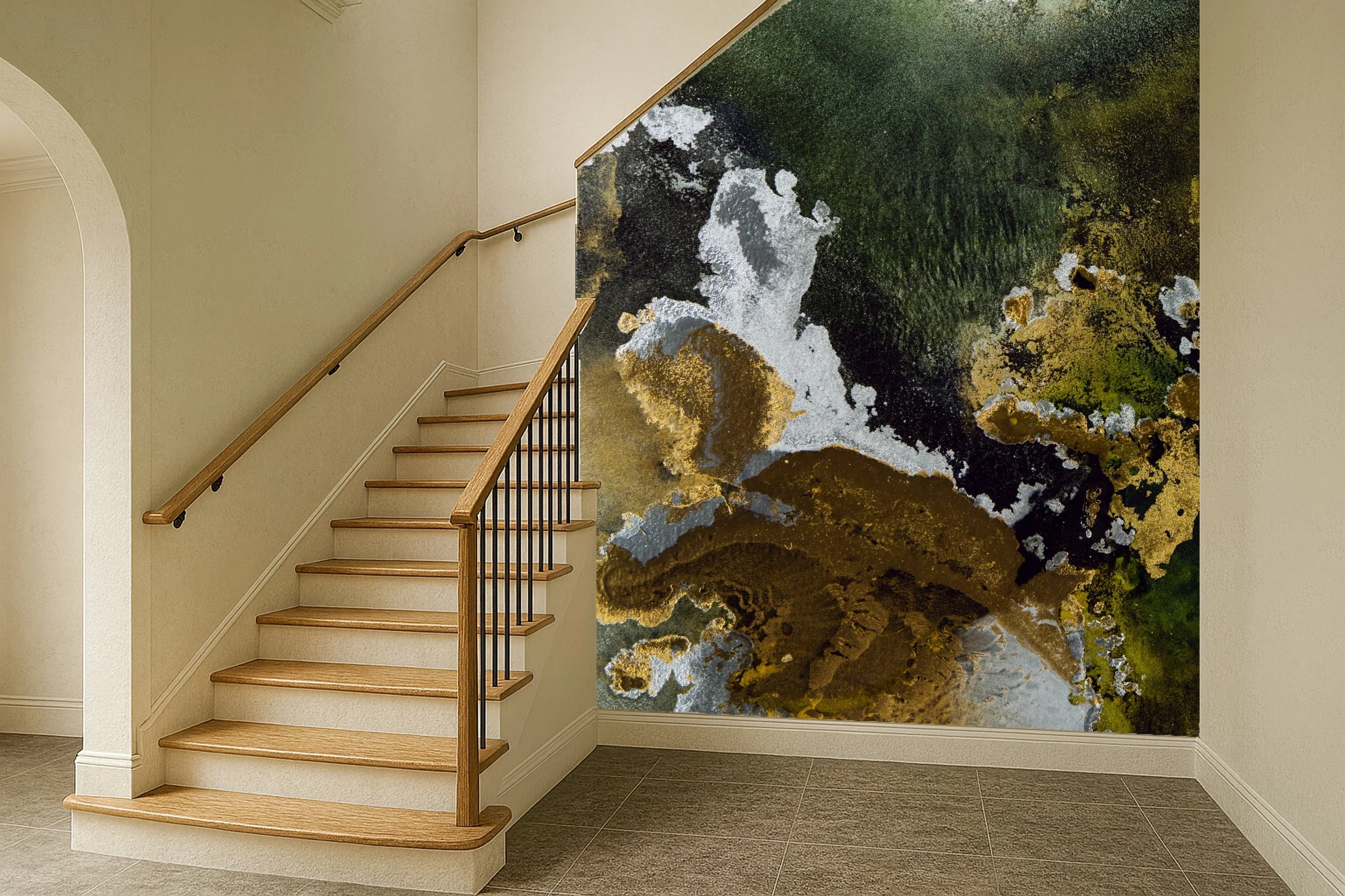Interior of a home with a wooden staircase and a large abstract wall mural featuring a mix of green, black, white, and brown colors.